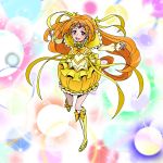  1girl :d blush boots bow brooch bubble_skirt circlet cure_muse_(yellow) earrings eunos frills hair_bow heart heart_earrings jewelry knee_boots long_hair magical_girl multicolored_background open_mouth orange_hair pink_eyes precure shirabe_ako skirt smile solo suite_precure yellow_boots yellow_bow yellow_skirt 
