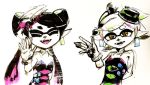 2girls :dblack_hair callie_(splatoon) closed_eyes cousins detached_collar dress earrings fangs food food_on_head gloves highres jewelry long_hair looking_at_viewer marie_(splatoon) mask mole mole_under_eye multiple_girls object_on_head open_mouth pointy_ears shaapen short_hair smile splatoon sushi traditional_media upper_body white_gloves white_hair yellow_eyes