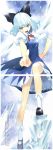  1girl blue_dress blue_eyes blue_hair blush bowtie cirno crease dress frills full_body hair_ribbon hand_on_hip highres ice ice_wings mary_janes open_mouth pointing pointing_at_viewer pose puffy_sleeves ribbon scan scan_artifacts shoes short_hair short_sleeves smile socks solo text touhou ueda_ryou white_legwear wings 