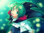  1girl antennae aura bending_forward cape fireflies glowing grass green_eyes green_hair juliet_sleeves long_sleeves looking_at_viewer matryoshka_(borscht) night open_mouth outdoors puffy_shorts puffy_sleeves short_hair solo star_(sky) touhou wriggle_nightbug 