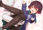  1boy 1girl admiral_(kantai_collection) black_legwear blue_jacket blush brown_hair carrying closed_eyes gloves gradient_hair happy head_out_of_frame jacket kantai_collection multicolored_hair mutsuki_(kantai_collection) ootori_(kyoya-ohtori) open_mouth pantyhose princess_carry redhead remodel_(kantai_collection) school_uniform serafuku short_hair 