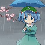  1girl blue_eyes blue_hair cherry_blossoms hair_bobbles hair_ornament hat kawashiro_nitori key rain solo touhou twintails umbrella yamabuki_(yusuraume) 