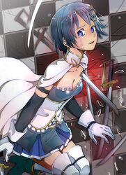  1girl armband blue_eyes blue_hair cape checkered checkered_background collarbone gloves hair_ornament hairclip highres magical_girl mahou_shoujo_madoka_magica mahou_shoujo_madoka_magica_movie miki_sayaka multiple_swords schenu short_hair solo sword tears thigh-highs weapon zettai_ryouiki 