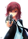  1girl absurdres aiming_at_viewer artist_request collared_shirt formal frown gun handgun highres love_live!_school_idol_project necktie nishikino_maki redhead shaded_face shirt solo suit violet_eyes weapon white_background 