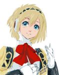  1girl 2015 4suke aegis aegis_(persona) android blonde_hair blue_eyes dated hairband looking_away persona persona_3 robot_joints short_hair simple_background smile solo twitter_username upper_body white_background 