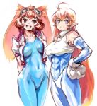  2girls ahoge animal_ears blue_eyes bodysuit breasts brown_hair company_connection cropped_jacket crossover galaxy_fight gloves goggles goggles_on_head hand_on_hip long_hair makihara_arina multiple_girls rabbit_ears roomi short_hair smile sunsoft tks_(chikuwa) waku_waku_7 white_background 