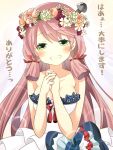  1girl adapted_costume akashi_(kantai_collection) bare_shoulders blush dress green_eyes hair_ribbon hands_clasped head_tilt head_wreath jewelry kantai_collection long_hair looking_at_viewer nai-bu payot pink_hair ribbon ring screw simple_background smile solo strapless_dress translation_request upper_body wedding_band wedding_dress white_background white_dress 