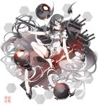  1girl anchorage_water_oni bare_shoulders black_hair dress gradient_hair horns kantai_collection long_hair machinery multicolored_hair nine_(liuyuhao1992) orange_eyes overskirt pale_skin red_eyes revision shinkaisei-kan solo very_long_hair white_dress white_hair white_skin 