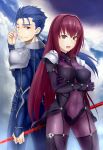  1boy 1girl ;) back-to-back blue_hair bodysuit covered_navel crossed_arms fate/grand_order fate/stay_night fate_(series) gae_bolg jilllxlxl lancer lancer_(fate/grand_order) long_hair one_eye_closed pauldrons ponytail purple_hair red_eyes smile sweatdrop 