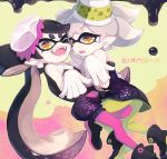  +_+ 2girls ;d aori_(splatoon) black_hair detached_collar dress earrings fangs food food_on_head gloves green_legwear highres hotaru_(splatoon) jewelry kinshi long_hair mask mole mole_under_eye multiple_girls object_on_head one_eye_closed open_mouth orange_eyes pantyhose pointy_ears purple_legwear short_hair siblings sisters smile splatoon sushi tentacle_hair 