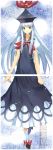  1girl blue_dress blue_hair blush bow bowtie crease dress full_body hat hat_bow highres kamishirasawa_keine long_hair looking_at_viewer puffy_sleeves red_eyes scan scan_artifacts shoes short_sleeves smile socks solo text touhou ueda_ryou very_long_hair white_legwear 