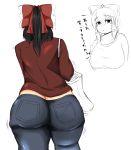  1girl ass ass_shake bag black_hair blush bow breasts contemporary denim fat hair_bow hakurei_reimu highres huge_ass jeans large_bow long_hair nengorogoro pants ponytail red_shirt shirt shoulder_bag solo sweat thick_thighs thighs touhou wide_hips 