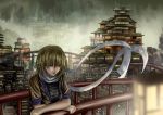  1girl absurdres against_railing architecture blonde_hair blurry bridge building cityscape crossed_arms depth_of_field east_asian_architecture green_eyes highres mizuhashi_parsee pointy_ears railing sakkun2014 scarf short_hair short_sleeves solo touhou upper_body wind 