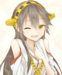  1girl ;d black_hair hairband haruna_(kantai_collection) kantai_collection long_hair nomaru nontraditional_miko one_eye_closed open_mouth simple_background smile solo upper_body white_background yellow_eyes 