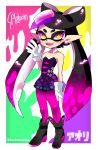 1girl :d black_hair callie_(splatoon) character_name copyright_name detached_collar earrings fangs food food_on_head full_body gloves hair_rings jewelry long_hair mask mole mole_under_eye object_on_head open-mail open_mouth paint paint_splatter pantyhose pointy_ears purple_legwear smile solo splatoon standing sushi tentacle_hair twitter_username unitard white_gloves yellow_eyes
