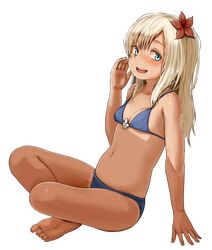  1girl :d bikini blonde_hair blue_bikini blue_eyes breasts cleavage flower hair_flower hair_ornament highres kantai_collection long_hair navel open_mouth ro-500_(kantai_collection) satsuki_neko smile solo swimsuit tan tanline transparent_background 