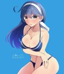  1girl 2015 ahoge alternate_costume artist_name bikini black_hair blue_background blush breast_rest breasts dated headband kantai_collection large_breasts long_hair looking_at_viewer open_mouth signature simple_background solo swimsuit tbd11 ushio_(kantai_collection) 