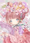  4girls bangs bed blonde_hair blue_eyes blunt_bangs blush bonnet bow brown_hair cake cherry_blossoms clouds crown dress eyelashes fan flower folding_fan food hair_bow hair_flower hair_ornament holding japanese_clothes jewelry lalala222 lolita_fashion long_sleeves looking_at_viewer lying minigirl multiple_girls nail_polish one_eye_closed original petals pink_dress purple_nails rabbit rainbow ring sitting sleeping striped striped_bow tassel tree violet_(flower) wa_lolita white_pupil wide_sleeves 