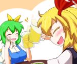  2girls :d ^_^ alcohol beer blonde_hair blue_dress blush bow breasts closed_eyes collared_shirt colored_eyelashes commentary_request cup daiyousei dress drunk eyelashes fairy_wings fang green_hair hair_bow happy holding konokiya mug multiple_girls open_mouth plate puffy_short_sleeves puffy_sleeves rumia shirt short_sleeves sideways_mouth simple_background sitting smile table touhou vest white_background wings 