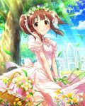  1girl artist_request brown_eyes brown_hair clover dress earrings four-leaf_clover hair_ribbon idolmaster idolmaster_cinderella_girls jewelry necklace official_art ogata_chieri ribbon short_hair twintails white_dress 