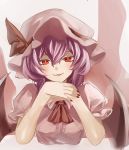  1girl ascot bat_wings dress eredhen gendou_pose hands_clasped hat hat_ribbon looking_at_viewer mob_cap pink_dress puffy_sleeves purple_hair red_eyes remilia_scarlet ribbon smile solo touhou upper_body wings 