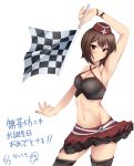  1girl absurdres brown_hair checkered checkered_flag flag girls_und_panzer hat highres midriff navel nishizumi_maho nksk racequeen short_hair simple_background smile solo thigh-highs translation_request 