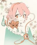  1girl animal bajinappo blush cat closed_eyes eyeball floral_print hairband heart hitodama kaenbyou_rin kaenbyou_rin_(cat) komeiji_satori looking_at_viewer multiple_tails pink_hair red_eyes short_hair simple_background smile string tail third_eye touhou upper_body 