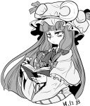  1girl bags_under_eyes book crescent jitome long_hair mob_cap monochrome open_book patchouli_knowledge sketch solo tetugakuzonbi touhou very_long_hair 