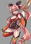  1girl absurdres black_skirt bow breasts brown_eyes circlet cleavage dunamis elsword grey_background highres ignia_(elsword) long_hair low-tied_long_hair orange_legwear pink_hair pleated_skirt polearm ponytail skirt smile solo spear standing_on_one_leg thigh-highs weapon yellow_bow 