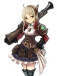  1girl ahoge antique_firearm belt black_gloves black_legwear blonde_hair blunderbuss corset gem gloves green_eyes gun hair_ornament hand_on_hip highres kai_(ootamuno12) original over_shoulder pouches skirt solo weapon 