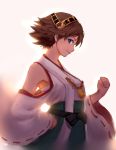  1girl backlighting bare_shoulders blue_eyes brown_hair detached_sleeves hair_ornament headgear hiei_(kantai_collection) highres kantai_collection long_sleeves looking_at_viewer shirt short_hair skirt smile sola7764 solo wide_sleeves 
