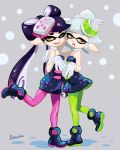  +_+ 2girls ;d aori_(splatoon) black_hair detached_collar dress earrings fangs food food_on_head gloves green_legwear hotaru_(splatoon) jewelry leg_up long_hair mask mole mole_under_eye multiple_girls object_on_head one_eye_closed open_mouth orange_eyes pantyhose pointy_ears purple_legwear rui_(veranda) short_hair siblings smile splatoon strapless_dress white_gloves 