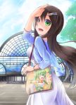  1girl aozora_market bag brown_hair character_request dress gradient_eyes green_eyes hair_ornament hairclip jacket multicolored_eyes open_mouth shoulder_bag smile solo watch white_dress 