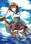  1girl bike_shorts bow_(weapon) brown_eyes brown_hair crossbow flat_chest headband headgear kantai_collection machinery pleated_skirt short_hair skirt solo taihou_(kantai_collection) thigh-highs weapon yuihira_asu 