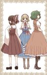  3girls alice_margatroid aoi_(annbi) blonde_hair blue_eyes bow brown_eyes brown_hair capelet detached_sleeves dress gohei green_hair hair_bow hair_tubes hairband hakurei_reimu hand_on_hip highres interlocked_fingers kazami_yuuka multiple_girls red_eyes ribbon sarashi short_hair skirt smile touhou 