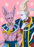  animal_ears arm_cuffs artist_name cat_ears dragon_ball dragon_ball_z earrings egyptian_clothes finger_in_mouth food fruit grey_hair hakaishin_bills jewelry neck_ring pink_background raku220p robe signature spoon strawberry tail whipped_cream whis wrist_cuffs 