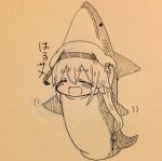  1girl :d ^_^ alternate_costume animal_costume beret closed_eyes commentary_request hair_ornament harusame_(kantai_collection) hat jakoo21 kantai_collection long_hair monochrome open_mouth ponytail shark_costume side_ponytail smile solo 