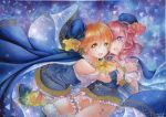  2girls bare_shoulders blonde_hair blue_dress cape colored_pencil_(medium) dress flower gauntlets hair_flower hair_ornament hat hoshizora_rin hug light_brown_hair love_live!_school_idol_project mosho multiple_girls nishikino_maki open_mouth pink_eyes pink_hair smile thigh_strap traditional_media watercolor_(medium) yellow_eyes 