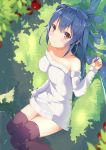  blue_hair dress grass hateno-yukimi highres looking_at_viewer lying on_back original thigh-highs white_dress 