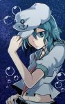  1girl anchor ashiroku_(miracle_hinacle) bubble green_eyes green_hair hat hat_over_one_eye highres murasa_minamitsu sailor sailor_hat short_hair solo touhou 