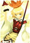  1girl bishamonten&#039;s_pagoda blonde_hair crease hair_ornament highres polearm scan scan_artifacts short_hair tiger_print toramaru_shou touhou ueda_ryou weapon yellow_eyes 