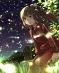  1girl bangs between_legs bow brown_hair commentary_request firefly green_eyes hair_bow hand_between_legs mikkii night original ponytail sitting smile solo thermos track_jacket track_suit 