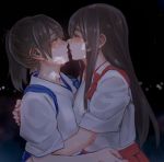  2girls blurry blush bokeh breast_press brown_eyes brown_hair dark_background depth_of_field eye_contact hand_on_another&#039;s_hip hug kaga_(kantai_collection) kantai_collection kiss long_hair looking_at_another multiple_girls orechan parted_lips profile saliva saliva_trail side_ponytail steam sweat tasuki upper_body yuri 