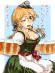  1girl abo_(hechouchou) alcohol alternate_costume beer blonde_hair blue_eyes dirndl german_clothes hair_ornament hat highres kantai_collection long_hair looking_at_viewer oktoberfest one_eye_closed open_mouth peaked_cap prinz_eugen_(kantai_collection) solo traditional_clothes translation_request twintails 