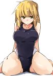  1girl bare_shoulders barefoot blonde_hair blush breasts green_eyes kamukamu_(ars) large_breasts looking_at_viewer mizuhashi_parsee one-piece_swimsuit pointy_ears short_hair simple_background sitting solo swimsuit touhou white_background 
