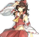  1girl armpits ascot bare_shoulders bow brown_eyes brown_hair collarbone detached_sleeves hair_bow hair_ribbon hair_tubes hakurei_reimu hand_in_hair hand_on_forehead highres japanese_clothes long_hair looking_at_viewer midriff miko ponytail red_eyes red_skirt ribbon sarashi scroll_lock_(scrool5) short_hair skirt skirt_set smile solo touhou vest wavy_hair white_background wide_sleeves 
