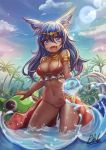  1girl :d animal_ears armband blue_eyes blue_hair breasts circlet cleavage dark_skin fang jewelry navel necklace open_mouth original palm_tree qblade sky smile solo tail tree water wet 