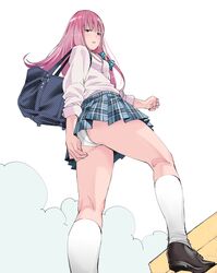  blush huridog long_hair original panties pink_hair school_uniform serafuku shoes skirt skirt_hold stairs underwear uniform white_legwear white_panties 