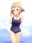  1girl breasts brown_eyes brown_hair cleavage highres scar school_swimsuit senki_zesshou_symphogear short_hair solo swimsuit tachibana_hibiki_(symphogear) unyon 