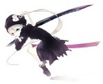  1girl :o ankle_boots black_clothes black_skirt blue_eyes boots fur_boots fur_trim heterochromia highres hooded hoodie long_sleeves midair open_mouth original pale_skin pink_eyes pointy_ears ribbon riuichi short_hair silver_hair simple_background sketch skirt snowman_hair_ornament solo sword weapon white_background 
